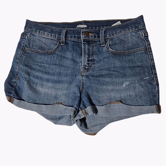 Old Navy Jean Shorts Womens Size 8 Mid Rise Medium Wash Denim Cuffed - Picture 1 of 4